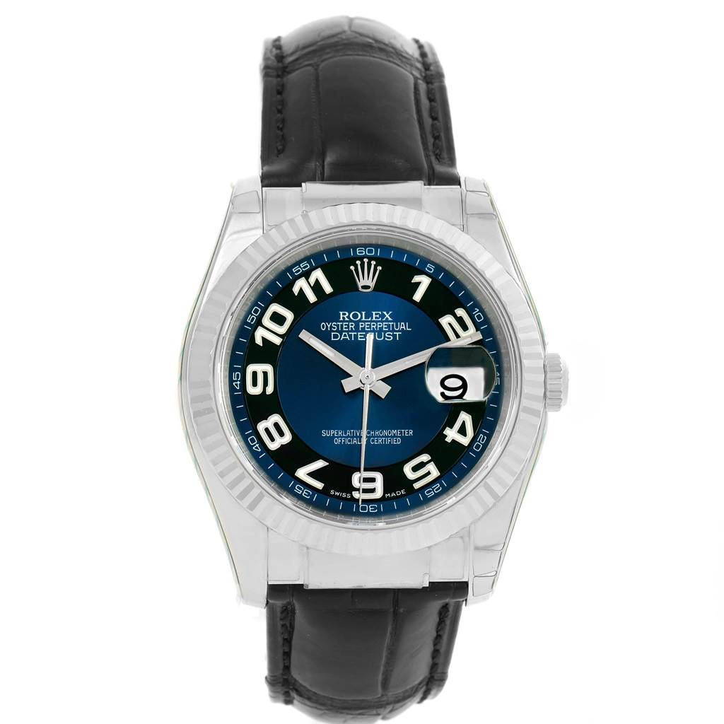 The image shows a front view of a Rolex Datejust 116139 Men's White Gold Blue Dial 116139 Men's White Gold Blue Dial watch with a blue dial, fluted bezel, and black leather strap.
