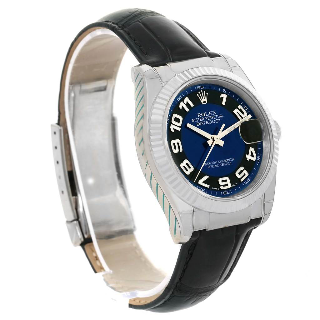 The image shows a Rolex Datejust 116139 Men's White Gold Blue Dial 116139 Men's White Gold Blue Dial watch at a three-quarter angle, highlighting its blue dial, bezel, and black leather strap.