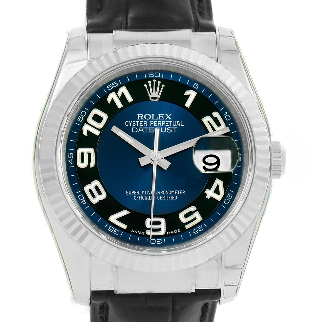The image shows a Rolex Datejust 116139 Men's White Gold Blue Dial 116139 Men's White Gold Blue Dial watch from a front angle, displaying the dial, bezel, and leather strap.