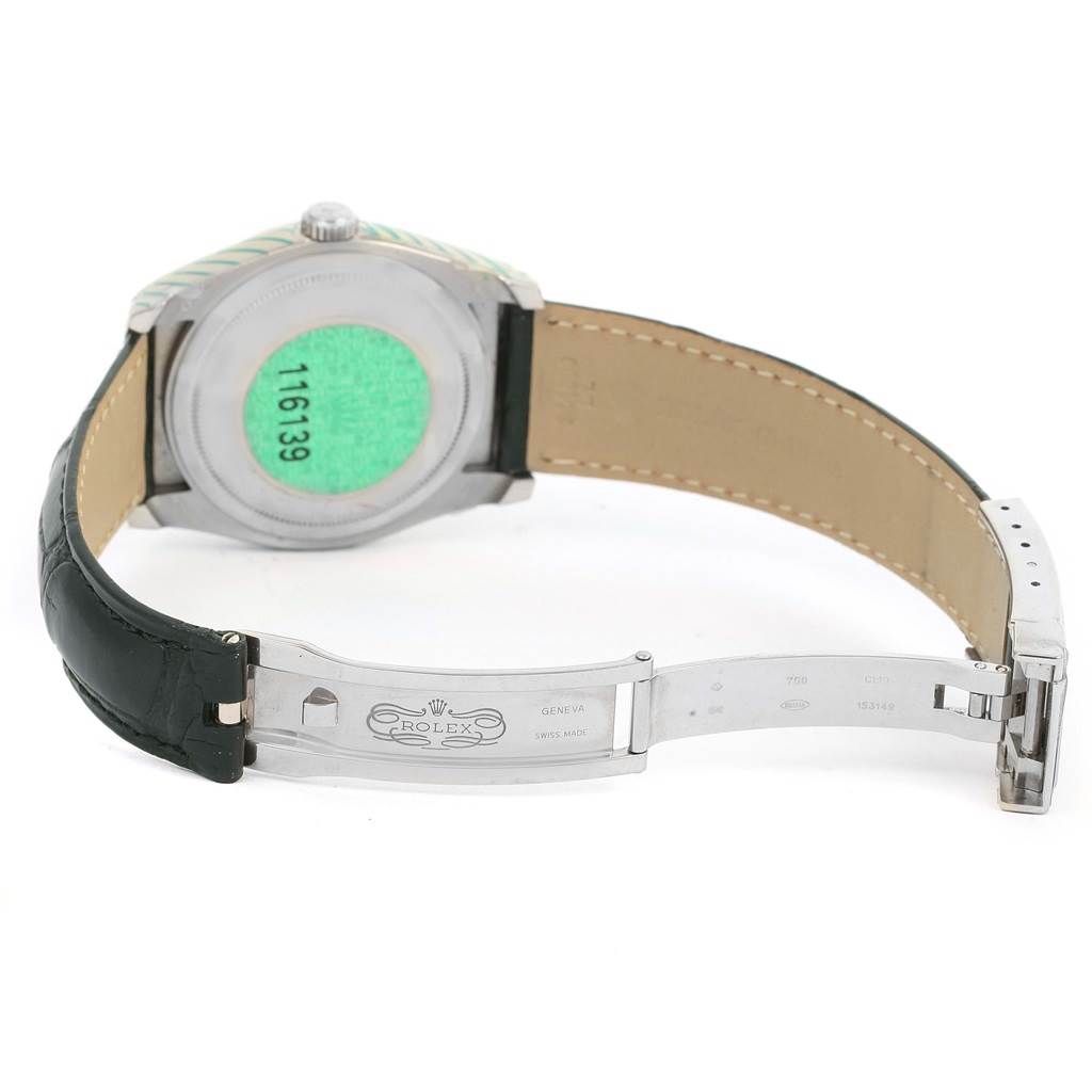 This is a rear view of the Rolex Datejust 116139 Men's White Gold Blue Dial 116139 Men's White Gold Blue Dial watch, showing the case back, leather strap, and clasp.