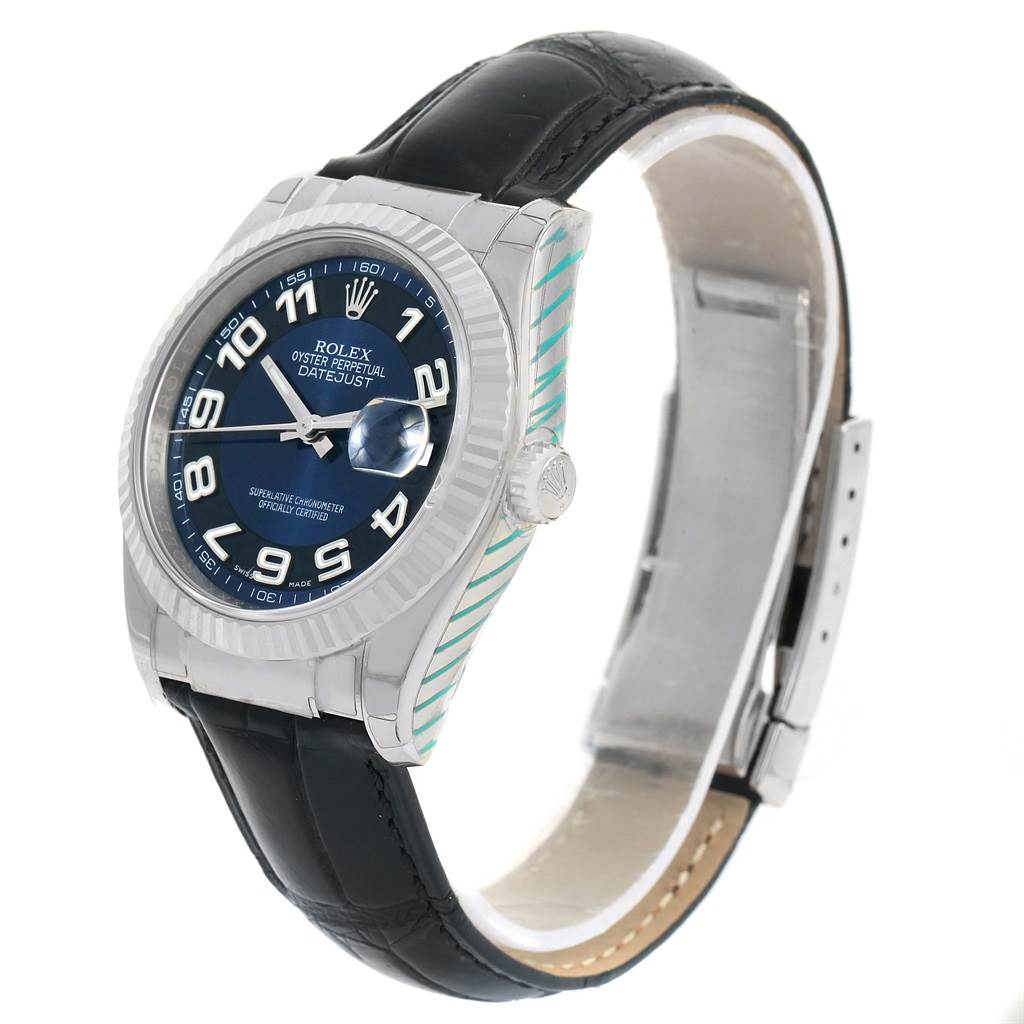 The image shows a side angle of the Rolex Datejust 116139 Men's White Gold Blue Dial 116139 Men's White Gold Blue Dial watch, highlighting the face, bezel, crown, and leather strap.