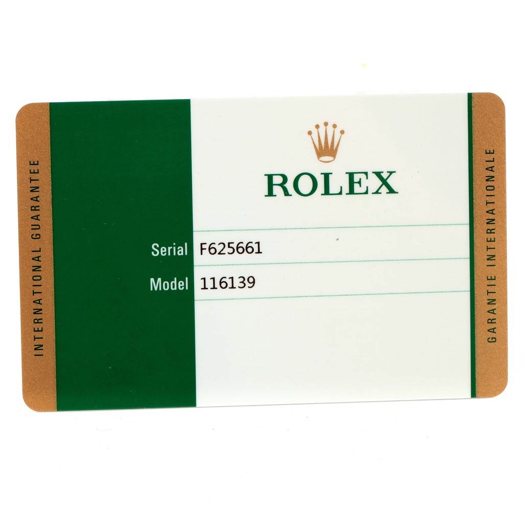 The image shows an international guarantee card for a Rolex Datejust 116139 Men's White Gold Blue Dial 116139 Men's White Gold Blue Dial model, featuring the serial number and model number.