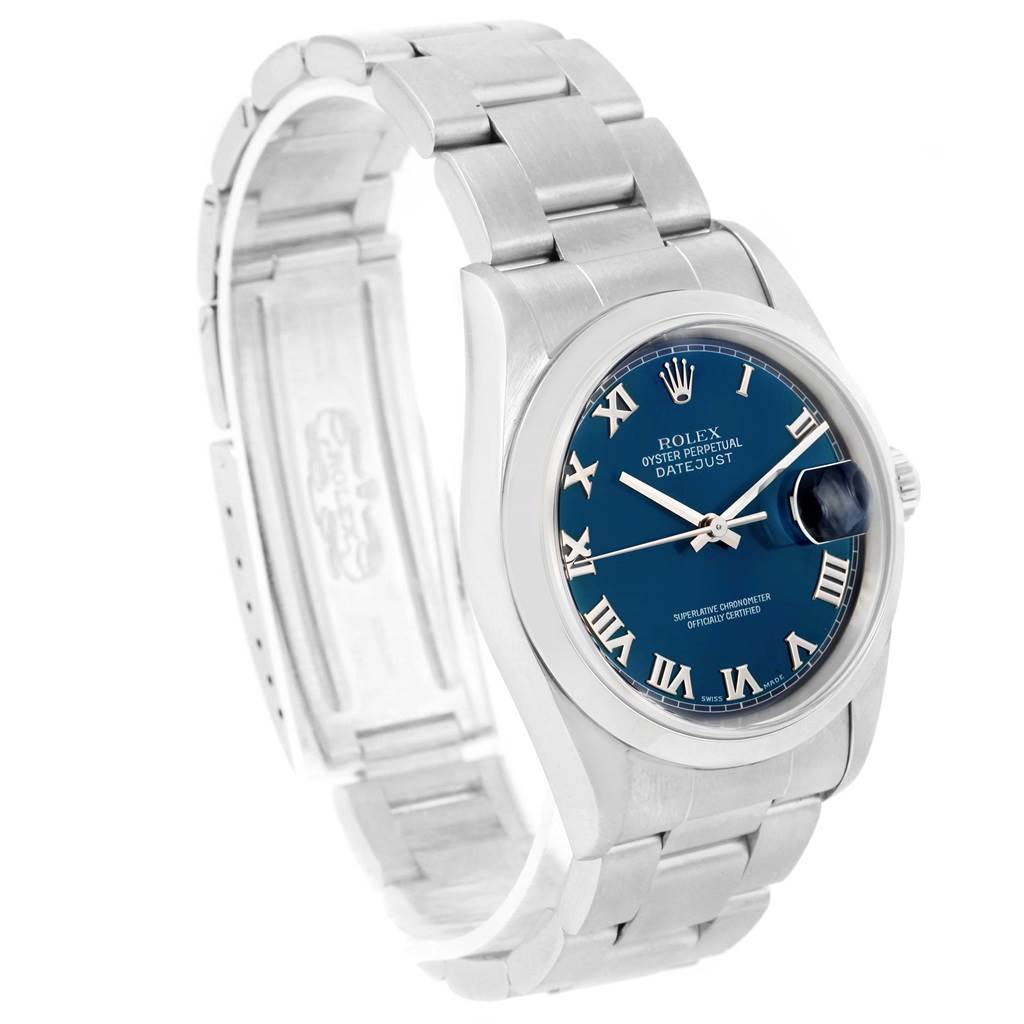 This image shows a Rolex Datejust 16200 Men's Stainless Steel Blue Dial 16200 Men's Stainless Steel Blue Dial watch at a three-quarter angle, highlighting its bracelet, case, and dial with Roman numerals.