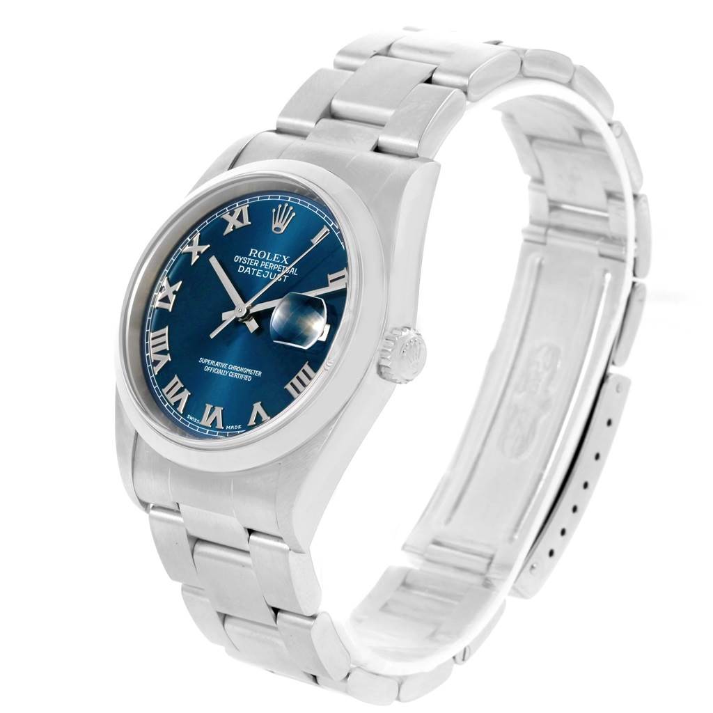 The Rolex Datejust 16200 Men's Stainless Steel Blue Dial 16200 Men's Stainless Steel Blue Dial watch is shown at an angled side view, highlighting the face, bracelet, and clasp.
