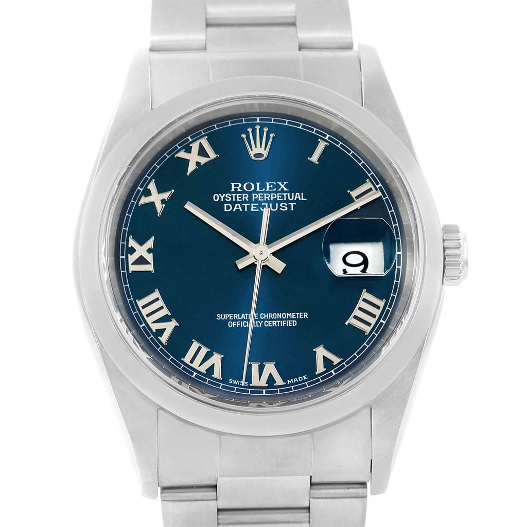 This image shows a top-down view of a Rolex Datejust 16200 Men's Stainless Steel Blue Dial 16200 Men's Stainless Steel Blue Dial watch, highlighting its blue dial, Roman numerals, and date display.