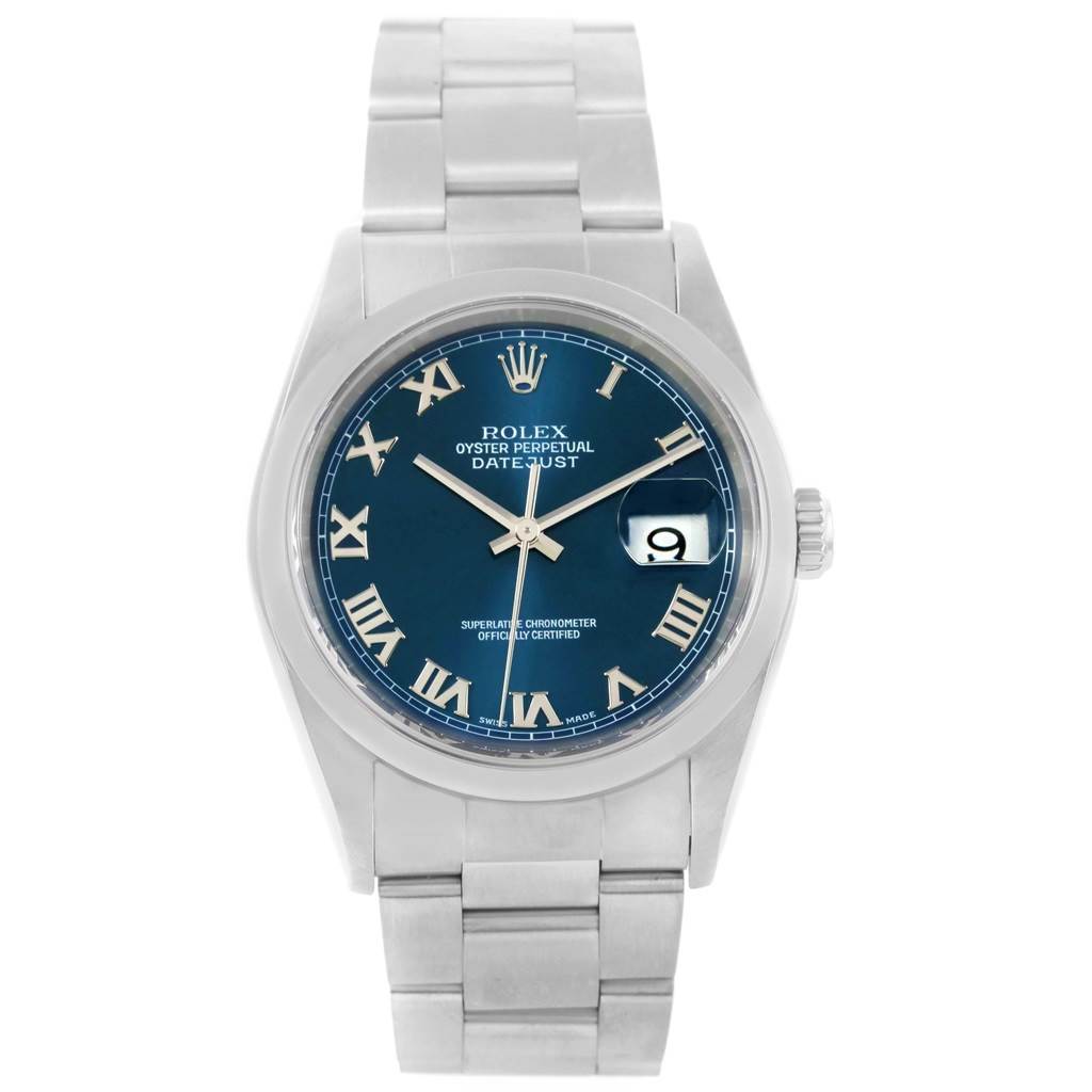 This image shows the front view of a Rolex Datejust 16200 Men's Stainless Steel Blue Dial 16200 Men's Stainless Steel Blue Dial watch, displaying its blue dial, Roman numerals, and stainless steel bracelet.