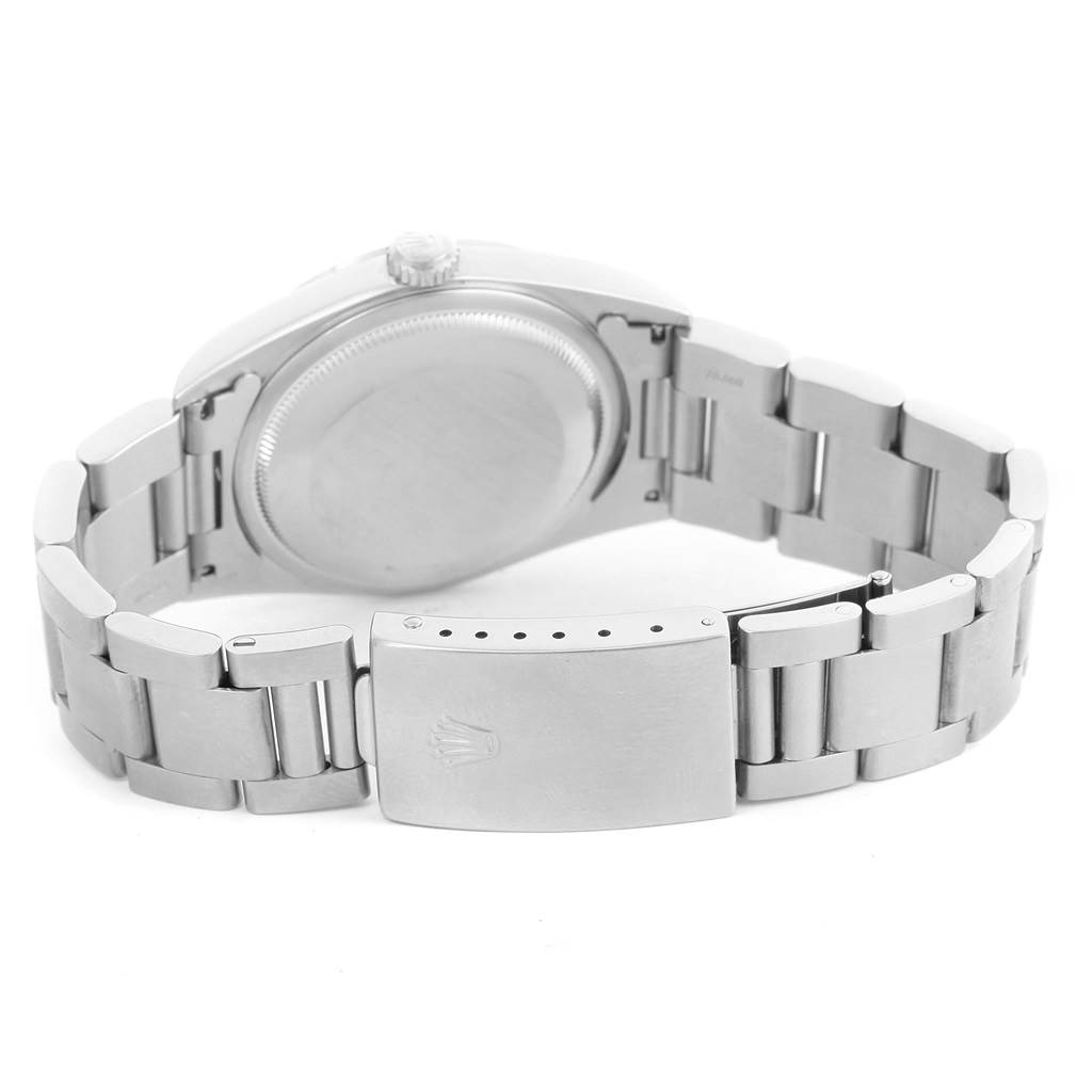 This Rolex Datejust 16200 Men's Stainless Steel Blue Dial 16200 Men's Stainless Steel Blue Dial model watch is shown from the back, displaying the stainless steel case, bracelet, and clasp.