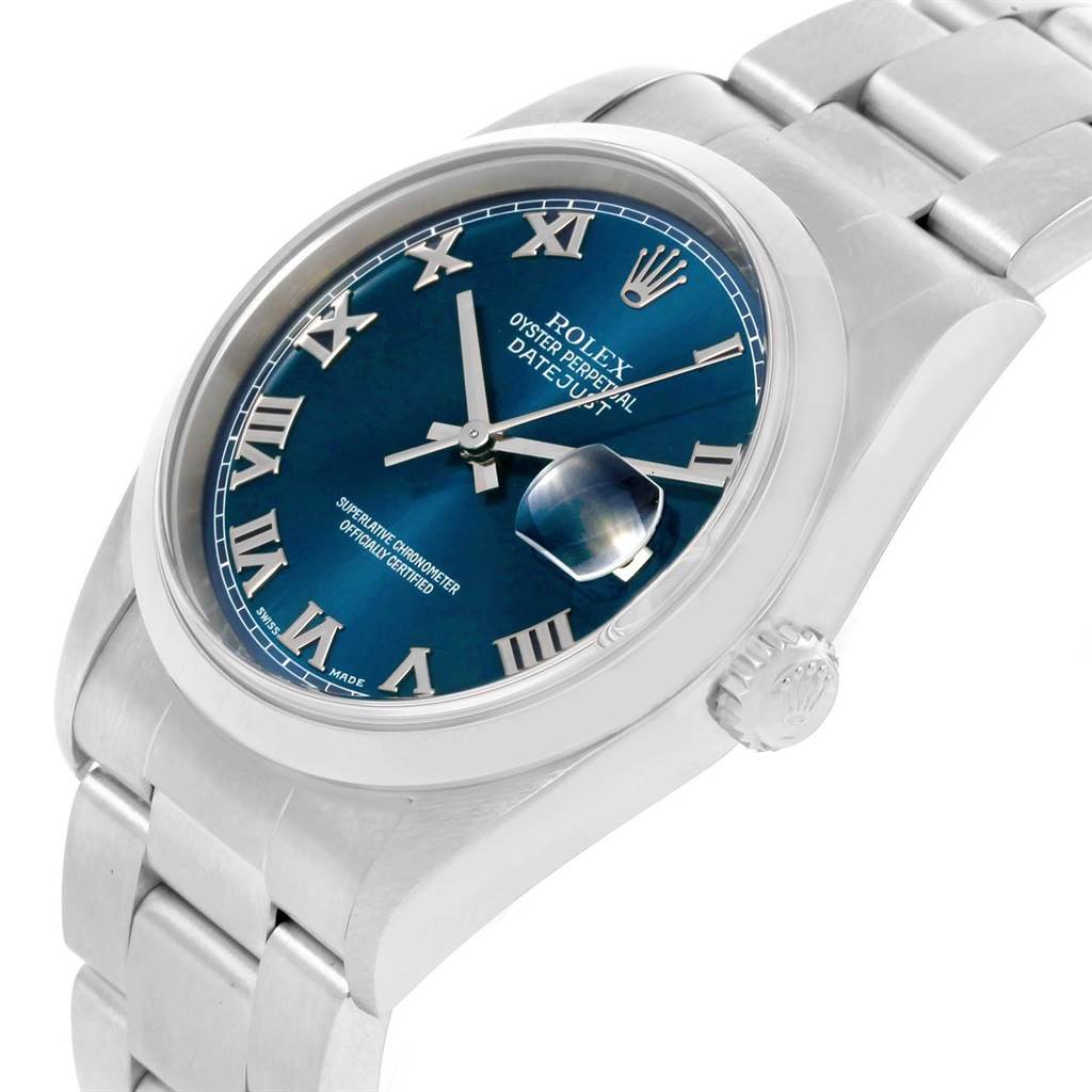 The Rolex Datejust 16200 Men's Stainless Steel Blue Dial 16200 Men's Stainless Steel Blue Dial watch is shown at a slightly tilted angle, displaying the face, crown, bracelet, and clasp.