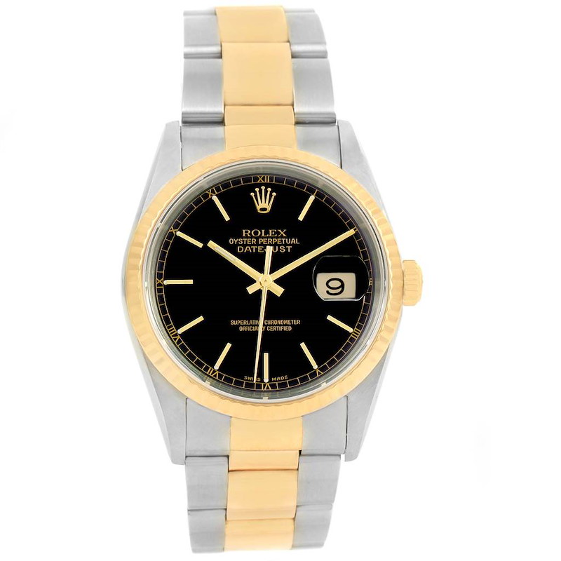 Rolex Datejust Steel 18k Yellow Gold Black Baton Dial Mens Watch 16233 SwissWatchExpo