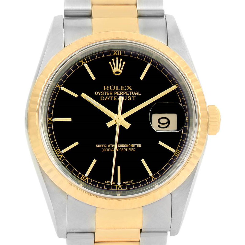 Rolex Datejust Steel 18k Yellow Gold Black Baton Dial Mens Watch 16233 SwissWatchExpo