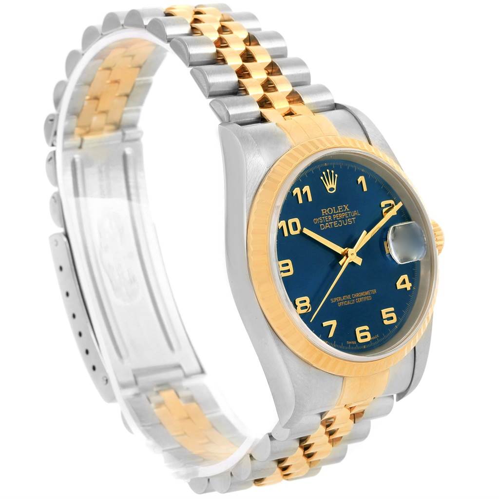 The Rolex Datejust 16233 Men's Steel and Gold (two tone) Blue Dial 16233 Men's Steel and Gold (two tone) Blue Dial watch is shown at a three-quarter angle, displaying the face, bracelet, and bezel prominently.
