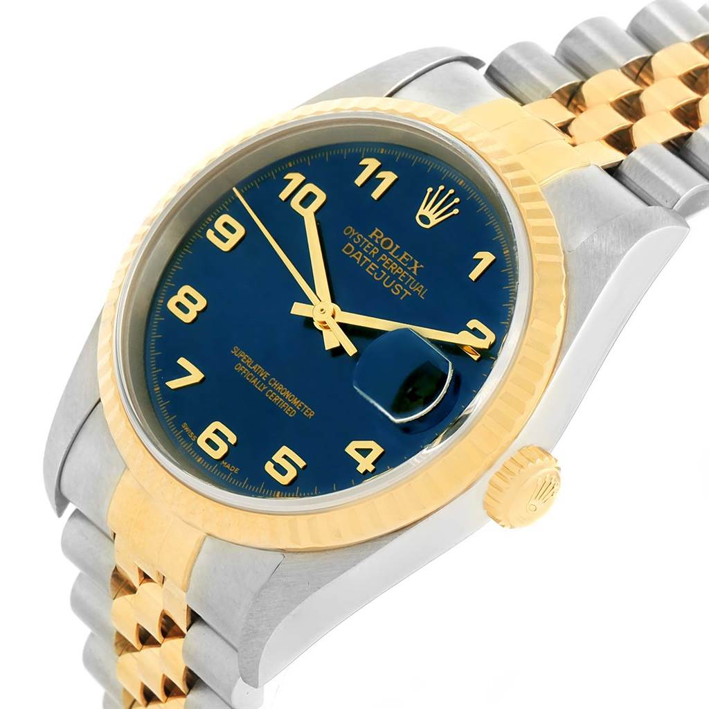 This image shows the front and side angles of a Rolex Datejust 16233 Men's Steel and Gold (two tone) Blue Dial 16233 Men's Steel and Gold (two tone) Blue Dial watch, highlighting its blue dial, gold hour markers, and two-tone bracelet.