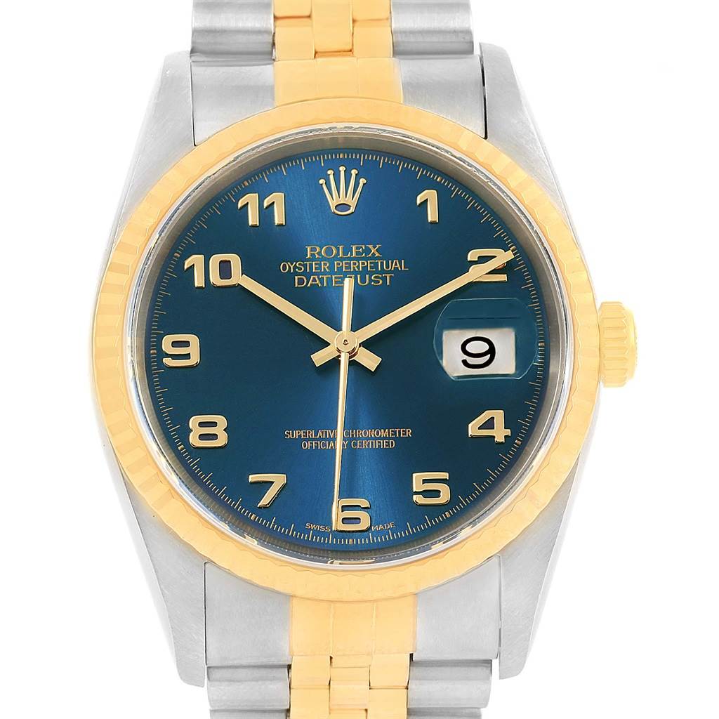 The image shows a front view of a Rolex Datejust 16233 Men's Steel and Gold (two tone) Blue Dial 16233 Men's Steel and Gold (two tone) Blue Dial watch, displaying the dial, bezel, and part of the bracelet.