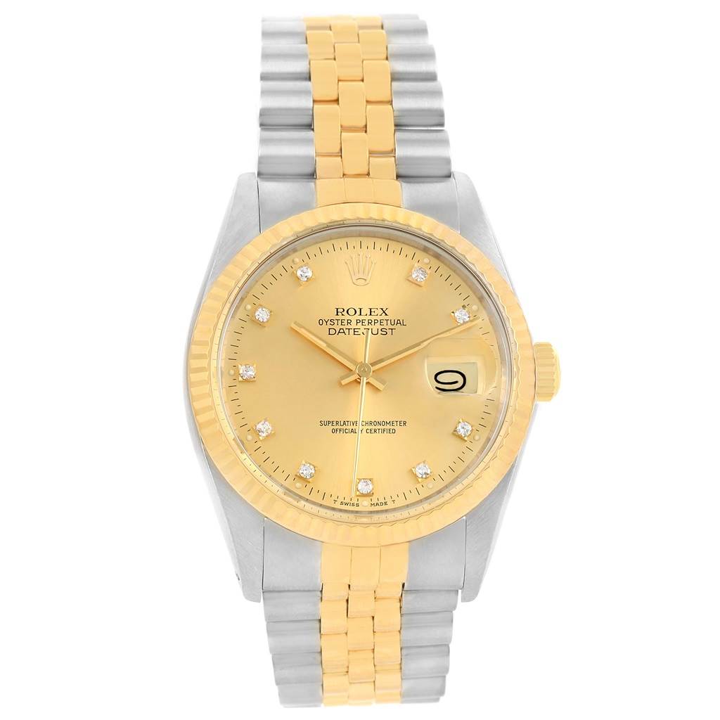 The Rolex Datejust 16013 Men
s Stainless Steel Champagne Dial 16013 Men
s Stainless Steel Champagne Dial watch is shown from a top view, featuring its two-tone bracelet, gold bezel, and dial with date display.
