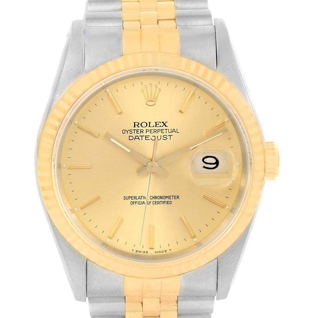 The Rolex Datejust 16233 Men's Steel and Gold (two tone) Champagne Dial 16233 Men's Steel and Gold (two tone) Champagne Dial watch is shown from the front, highlighting the dial, hands, date window, case, and part of the bracelet.