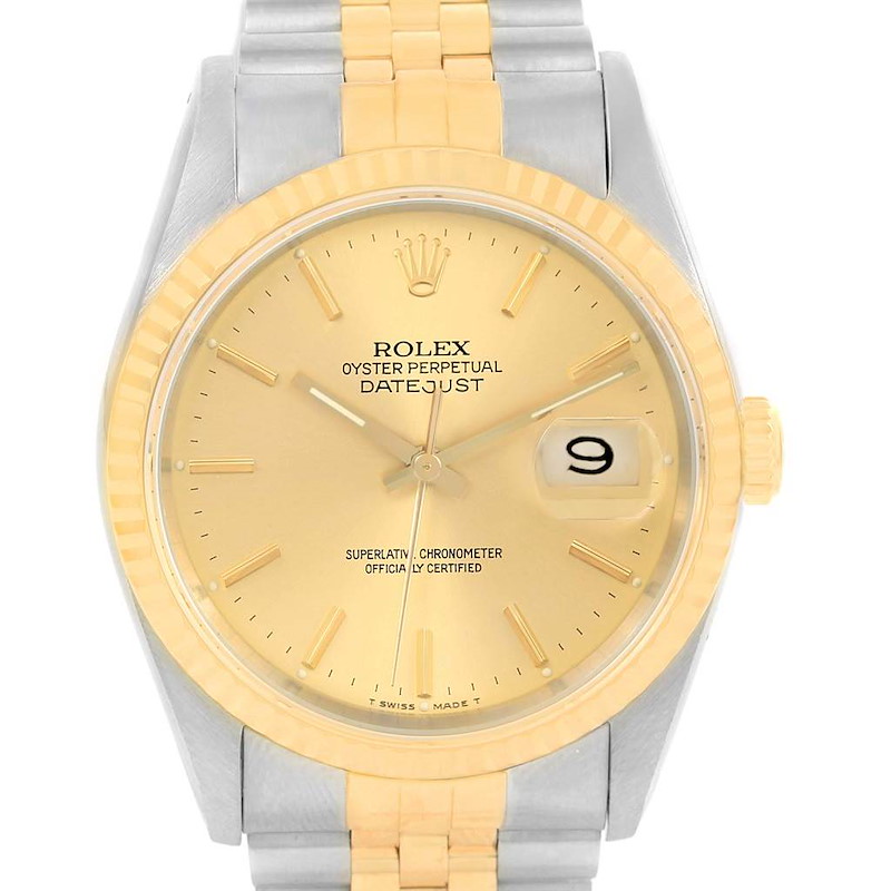 Rolex Datejust Steel 18k Yellow Gold Baton Dial Date Watch 16233 SwissWatchExpo
