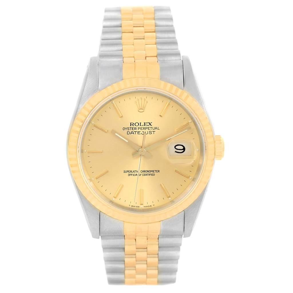 The image shows a frontal view of a Rolex Datejust 16233 Men's Steel and Gold (two tone) Champagne Dial 16233 Men's Steel and Gold (two tone) Champagne Dial watch, highlighting its dial, bezel, and jubilee bracelet.