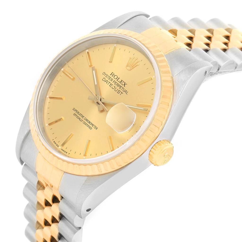 This image shows a side-angle view of a Rolex Datejust 16233 Men's Steel and Gold (two tone) Champagne Dial 16233 Men's Steel and Gold (two tone) Champagne Dial watch, highlighting its gold and silver bracelet, bezel, and dial.