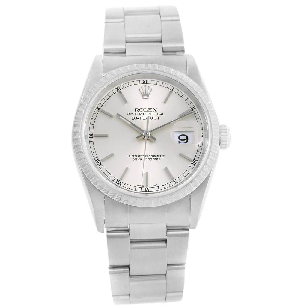The image shows a front view of the Rolex Datejust 16220 Men's Stainless Steel Silver Dial 16220 Men's Stainless Steel Silver Dial watch, displaying the dial, bezel, bracelet, and date window.