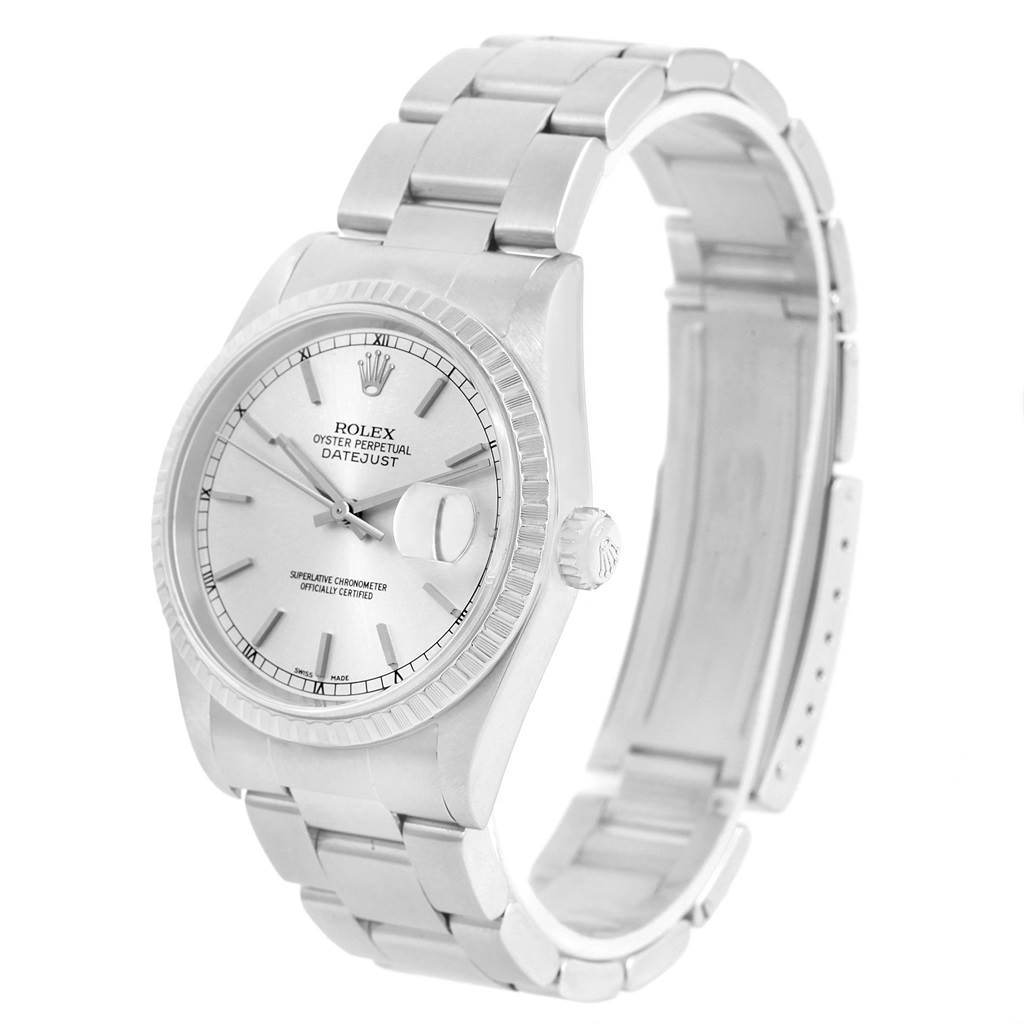 The Rolex Datejust 16220 Men's Stainless Steel Silver Dial 16220 Men's Stainless Steel Silver Dial watch is shown at a slightly angled view, displaying the face, bezel, crown, and part of the bracelet.