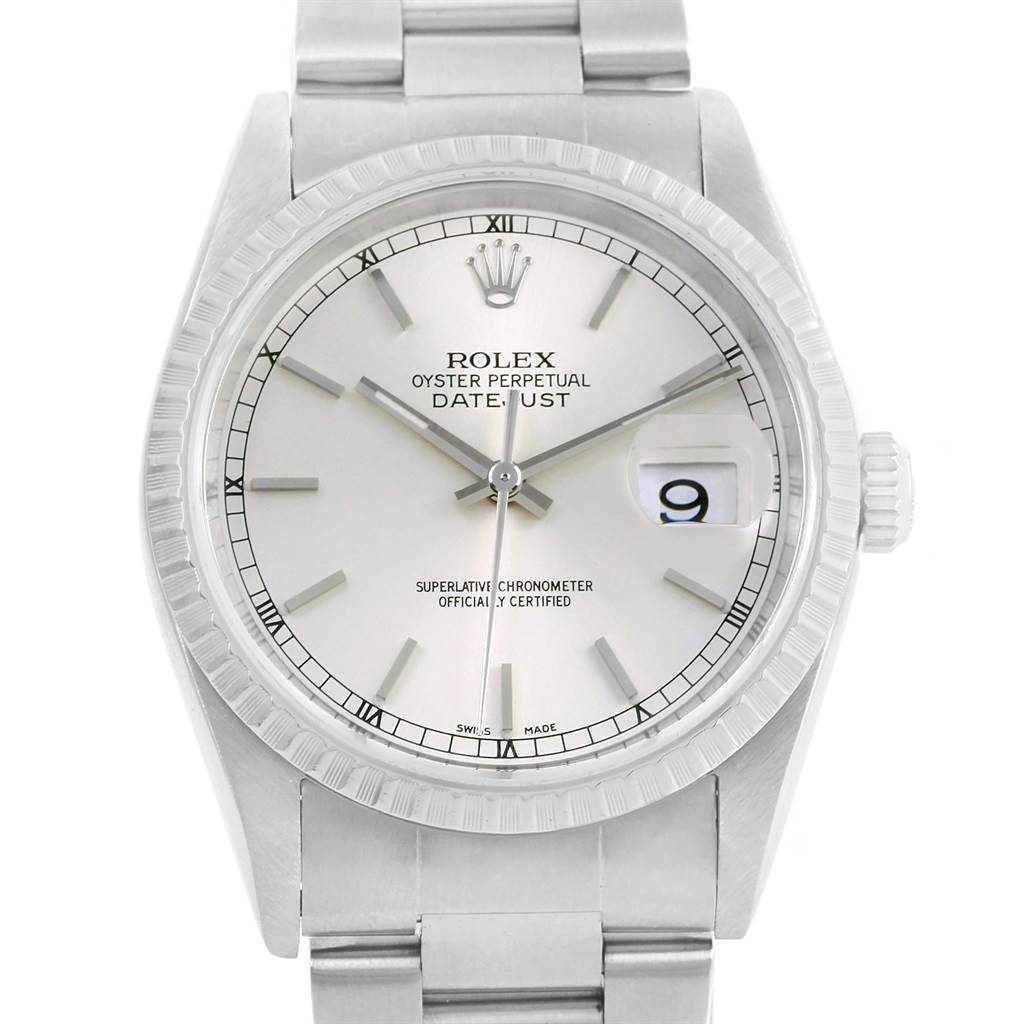 This image shows a Rolex Datejust 16220 Men's Stainless Steel Silver Dial 16220 Men's Stainless Steel Silver Dial watch from a front angle highlighting its dial, fluted bezel, bracelet, and date display.