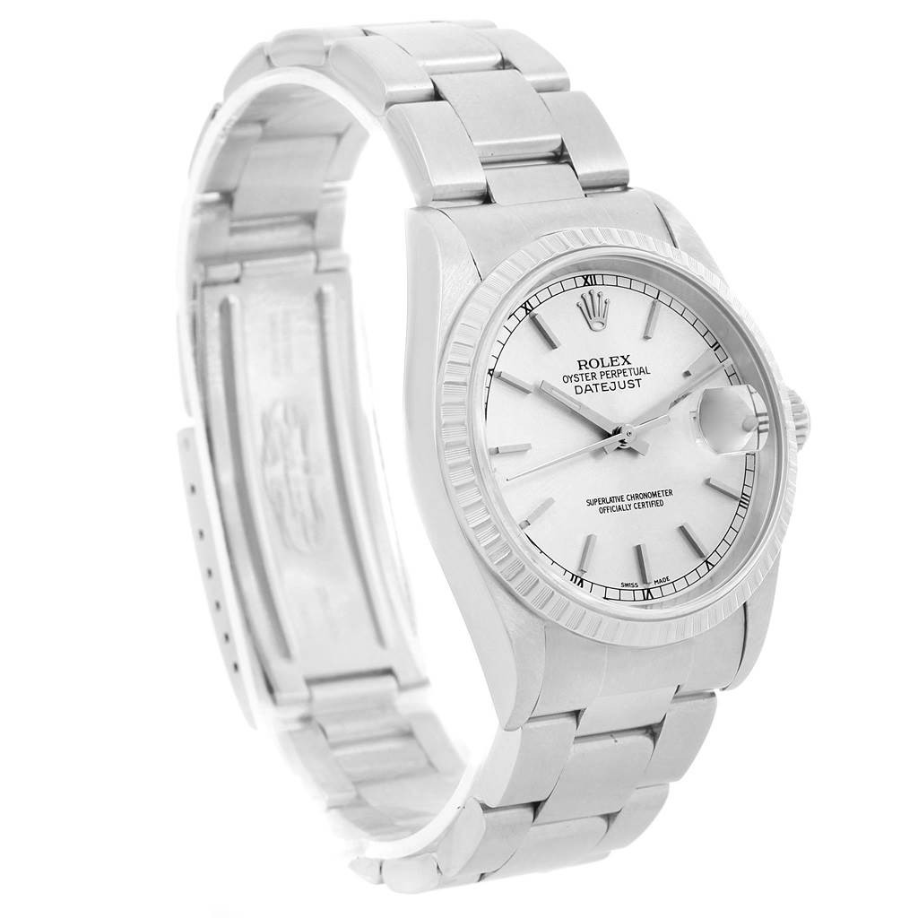 This image shows a Rolex Datejust 16220 Men's Stainless Steel Silver Dial 16220 Men's Stainless Steel Silver Dial watch from the front and side, featuring its dial, bezel, and bracelet.