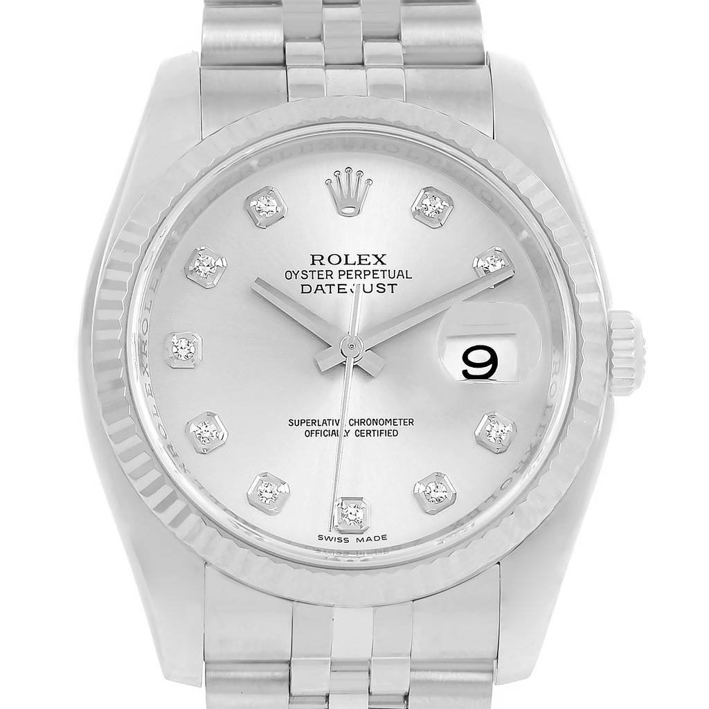 This is a front view of a Rolex Datejust 116234 Men's Stainless Steel Silver Dial 116234 Men's Stainless Steel Silver Dial showing the dial, hands, bezel, and part of the bracelet.