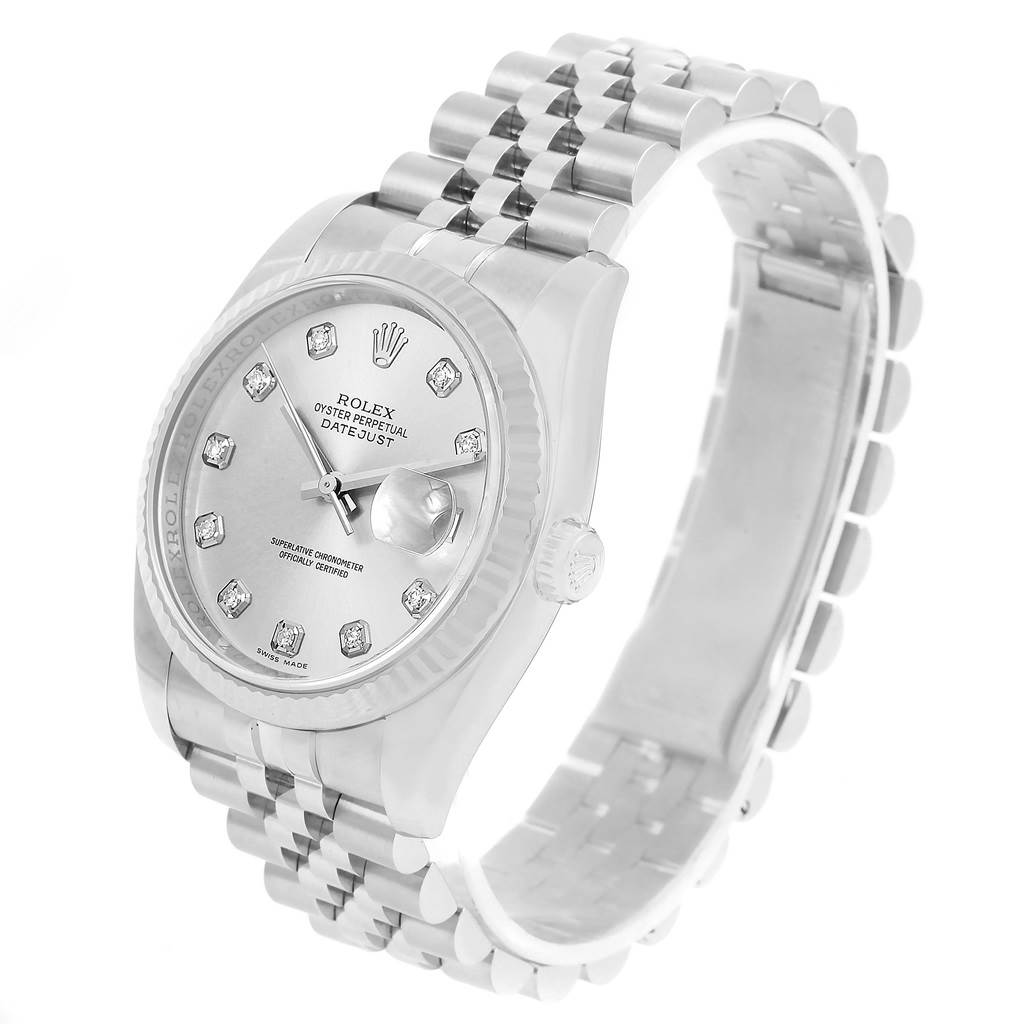 This Rolex Datejust 116234 Men's Stainless Steel Silver Dial 116234 Men's Stainless Steel Silver Dial watch is shown at a three-quarter angle, highlighting the face, bezel, crown, and Jubilee bracelet.