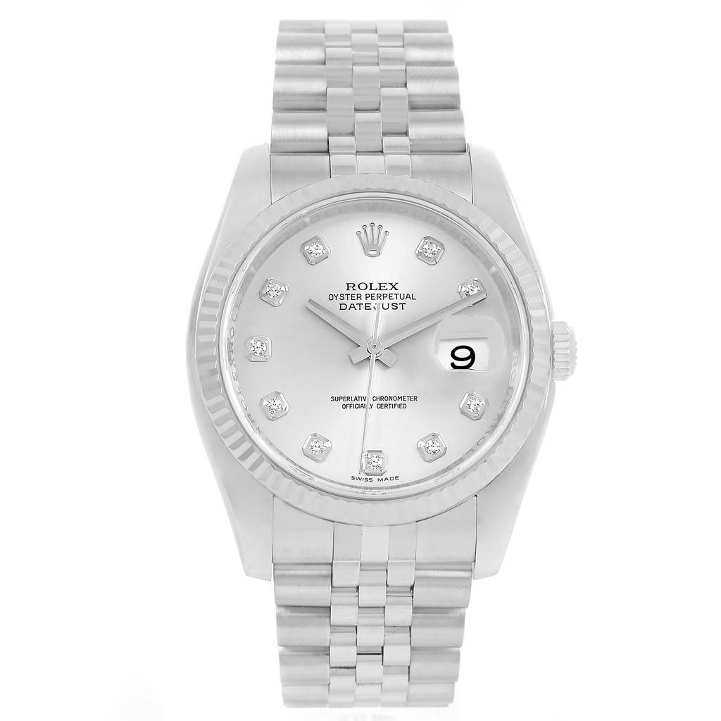 The image shows a front view of a Rolex Datejust 116234 Men's Stainless Steel Silver Dial 116234 Men's Stainless Steel Silver Dial watch, highlighting its dial, bezel, bracelet, and date indicator.