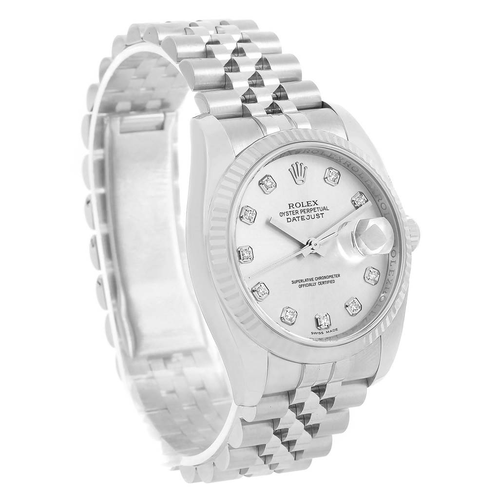 The Rolex Datejust 116234 Men's Stainless Steel Silver Dial 116234 Men's Stainless Steel Silver Dial watch is shown at a three-quarter angle, highlighting its face, dial, case, and bracelet.