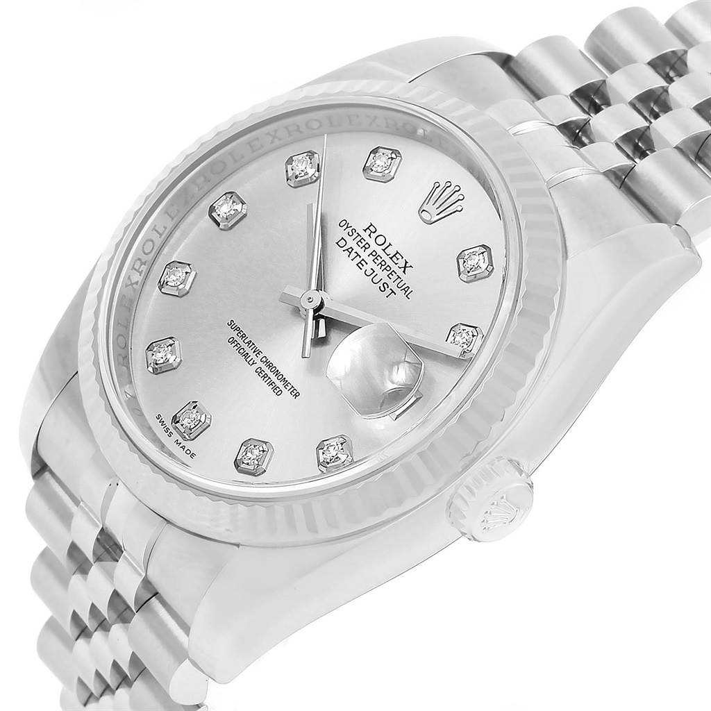 The image shows a Rolex Datejust 116234 Men's Stainless Steel Silver Dial 116234 Men's Stainless Steel Silver Dial watch at an angled close-up, highlighting the dial, bezel, and part of the bracelet.