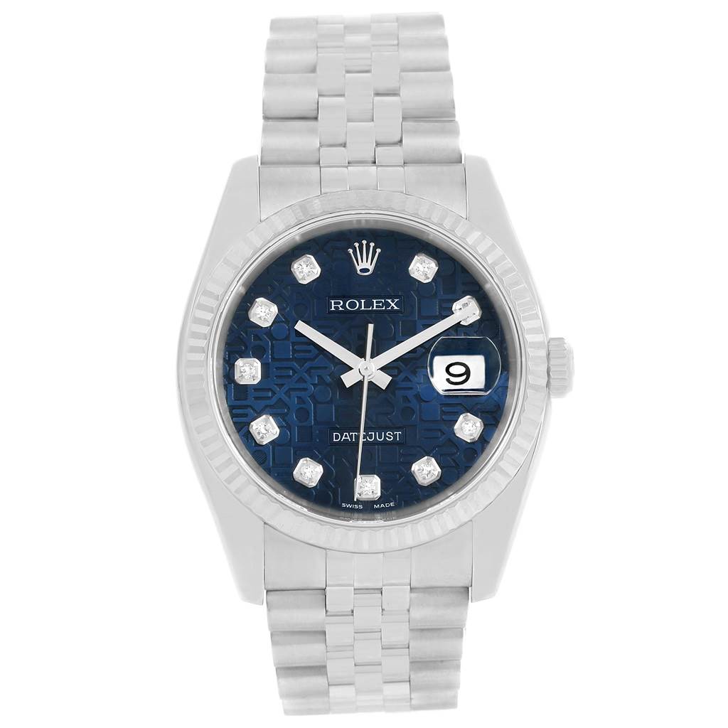 The image shows a Rolex Datejust 116234 Men's Stainless Steel Blue Dial 116234 Men's Stainless Steel Blue Dial watch from a frontal angle, highlighting its dial, bracelet, and date display.