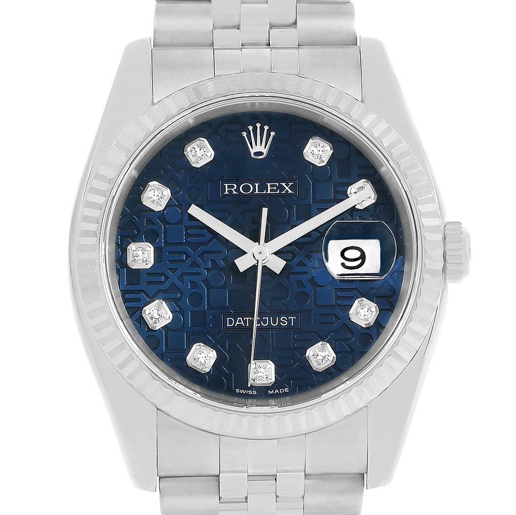 The Rolex Datejust 116234 Men's Stainless Steel Blue Dial 116234 Men's Stainless Steel Blue Dial watch is shown from a front angle, displaying its blue patterned dial, date window, and diamond hour markers.