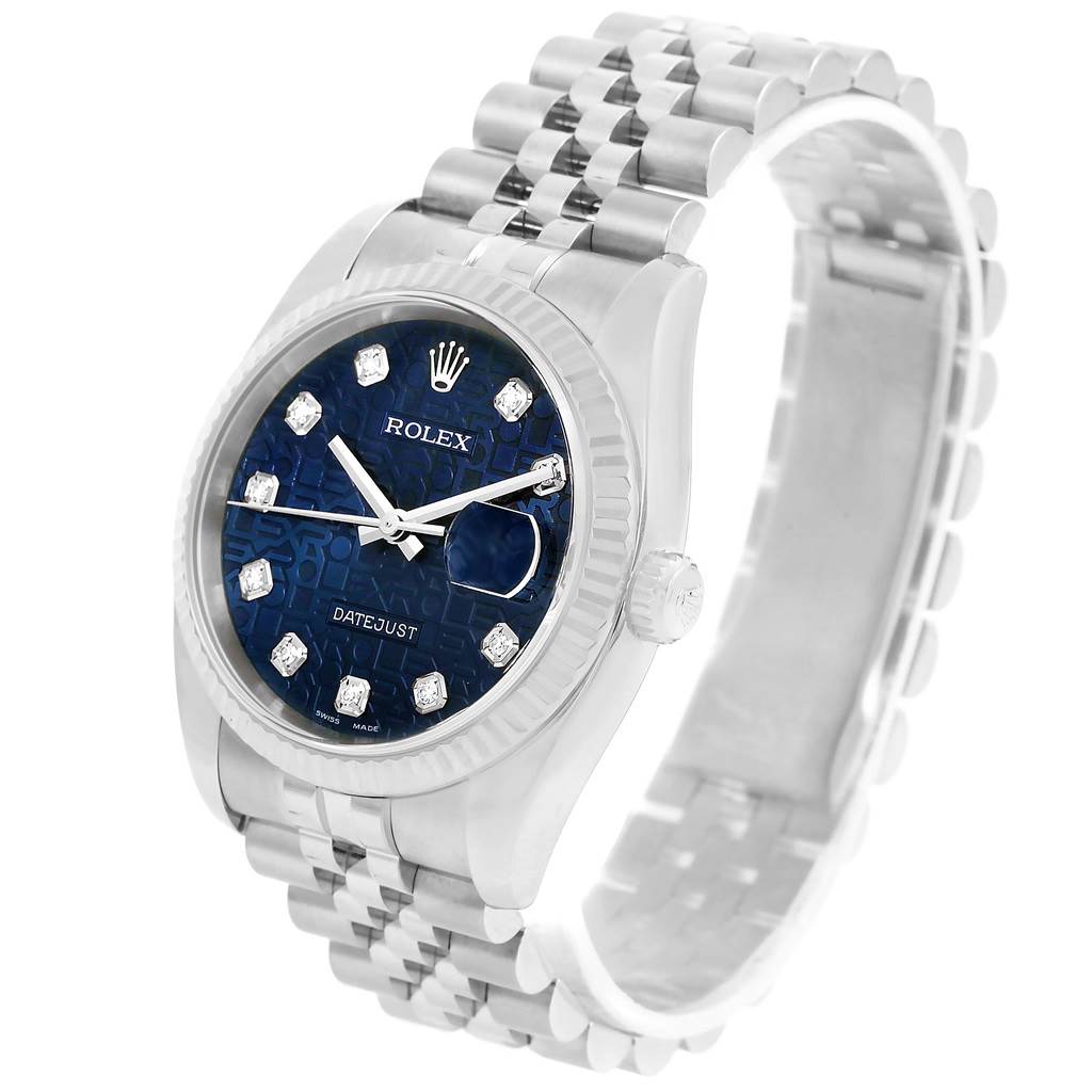 The image shows a Rolex Datejust 116234 Men's Stainless Steel Blue Dial 116234 Men's Stainless Steel Blue Dial watch angled slightly from the side, featuring the dial, bezel, case, and bracelet.