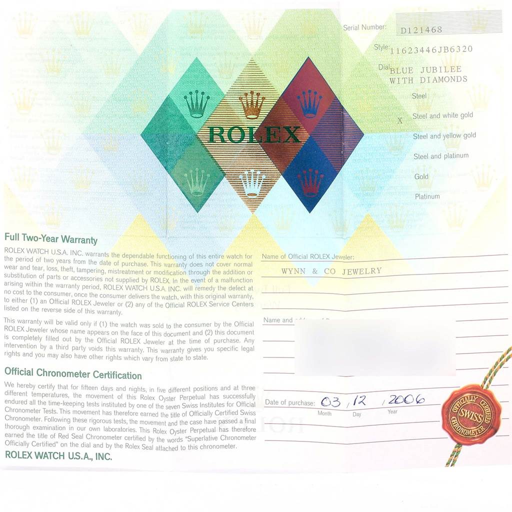 The image shows the warranty and certification card for a Rolex Datejust 116234 Men's Stainless Steel Blue Dial 116234 Men's Stainless Steel Blue Dial watch, detailing model specifics, materials, and purchase date.
