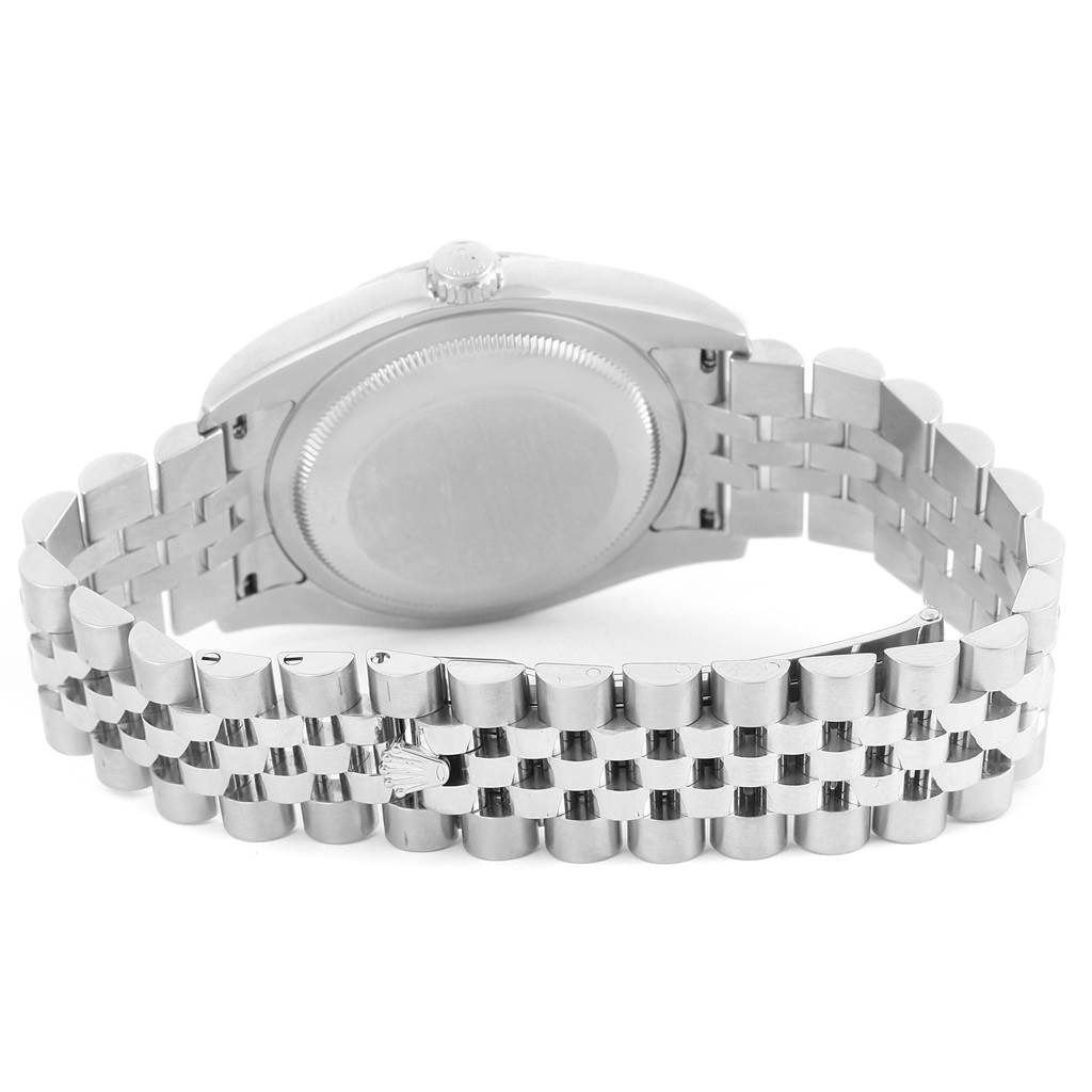 The image shows the back view of a Rolex Datejust 116234 Men's Stainless Steel Blue Dial 116234 Men's Stainless Steel Blue Dial watch, highlighting the case back and metal bracelet.