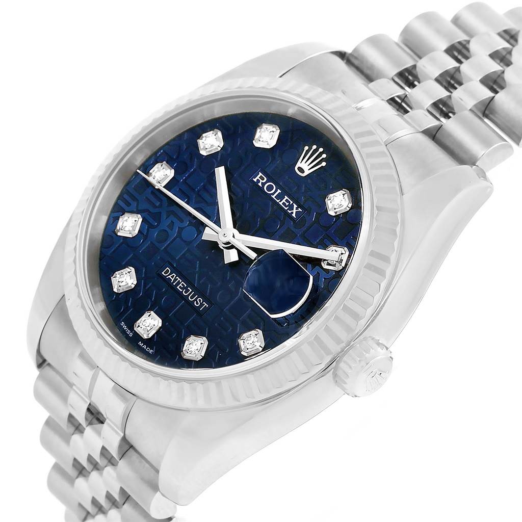 The image shows a Rolex Datejust 116234 Men's Stainless Steel Blue Dial 116234 Men's Stainless Steel Blue Dial watch from an oblique angle, highlighting its dial, bracelet, and crown.