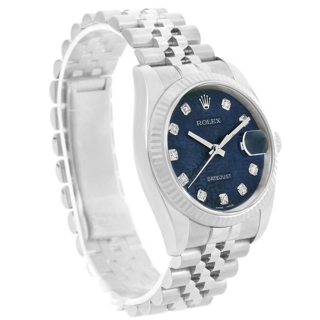 The image shows a Rolex Datejust 116234 Men's Stainless Steel Blue Dial 116234 Men's Stainless Steel Blue Dial watch at an angled front view, capturing the face, bezel, and bracelet.