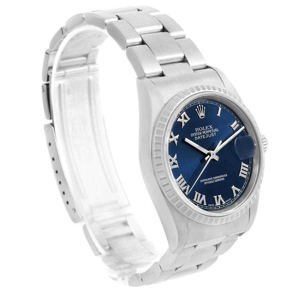 This image shows a side angle of the Rolex Datejust 16220 Men's Stainless Steel Blue Dial 16220 Men's Stainless Steel Blue Dial watch, highlighting its band, blue dial, and case.