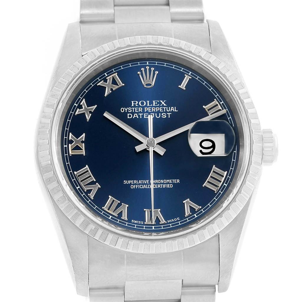 The image shows a front view of a Rolex Datejust 16220 Men's Stainless Steel Blue Dial 16220 Men's Stainless Steel Blue Dial watch, highlighting its blue dial, Roman numerals, and date window with magnifier.