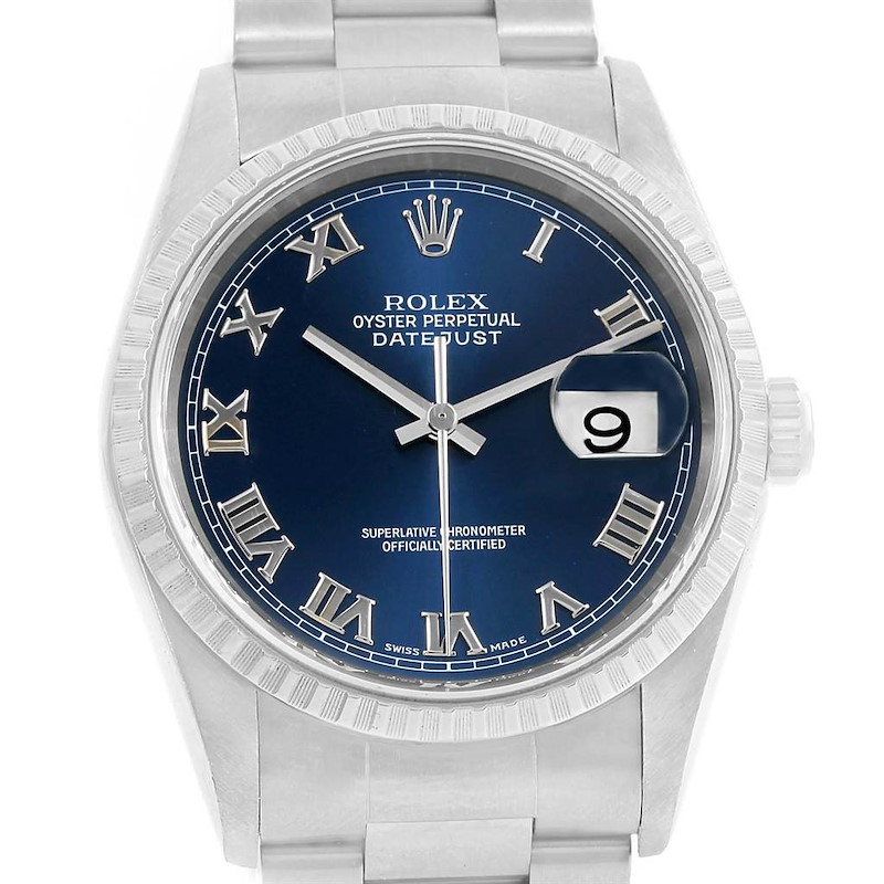 Rolex Datejust Steel Blue Roman Dial Oyster Bracelet Mens Watch 16220 SwissWatchExpo