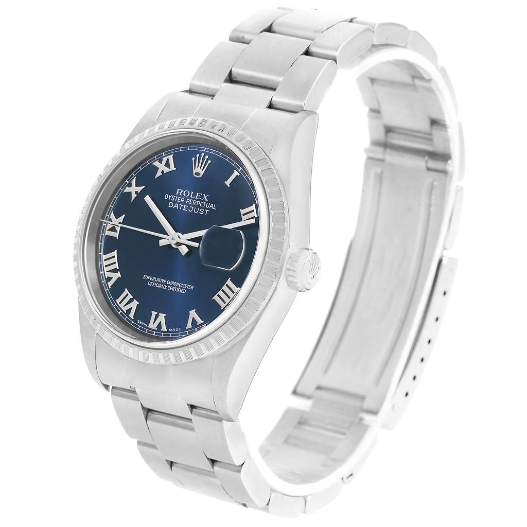 The image shows a side angle of the Rolex Datejust 16220 Men's Stainless Steel Blue Dial 16220 Men's Stainless Steel Blue Dial watch, displaying the watch face, bezel, crown, and stainless steel bracelet.