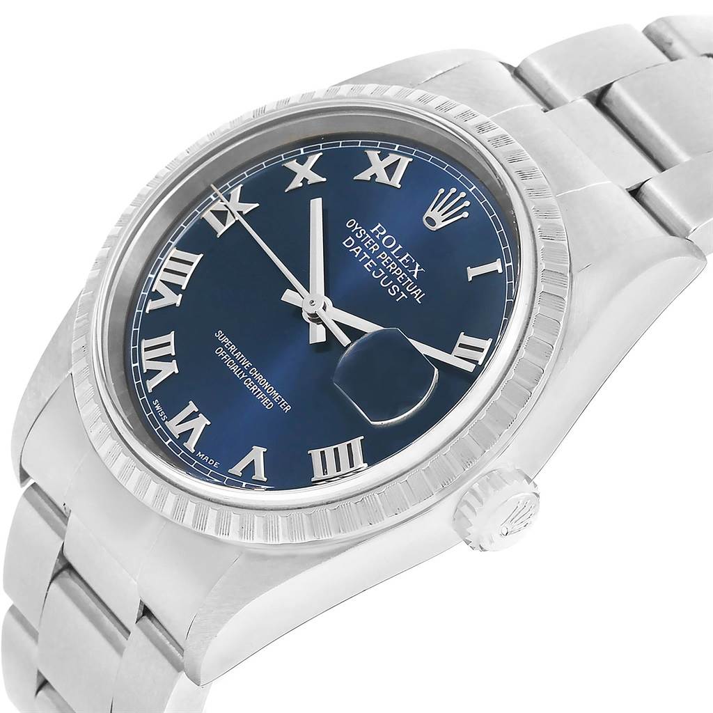 This image shows a Rolex Datejust 16220 Men's Stainless Steel Blue Dial 16220 Men's Stainless Steel Blue Dial watch from a front angled view, highlighting the dial, bracelet, crown, and bezel.