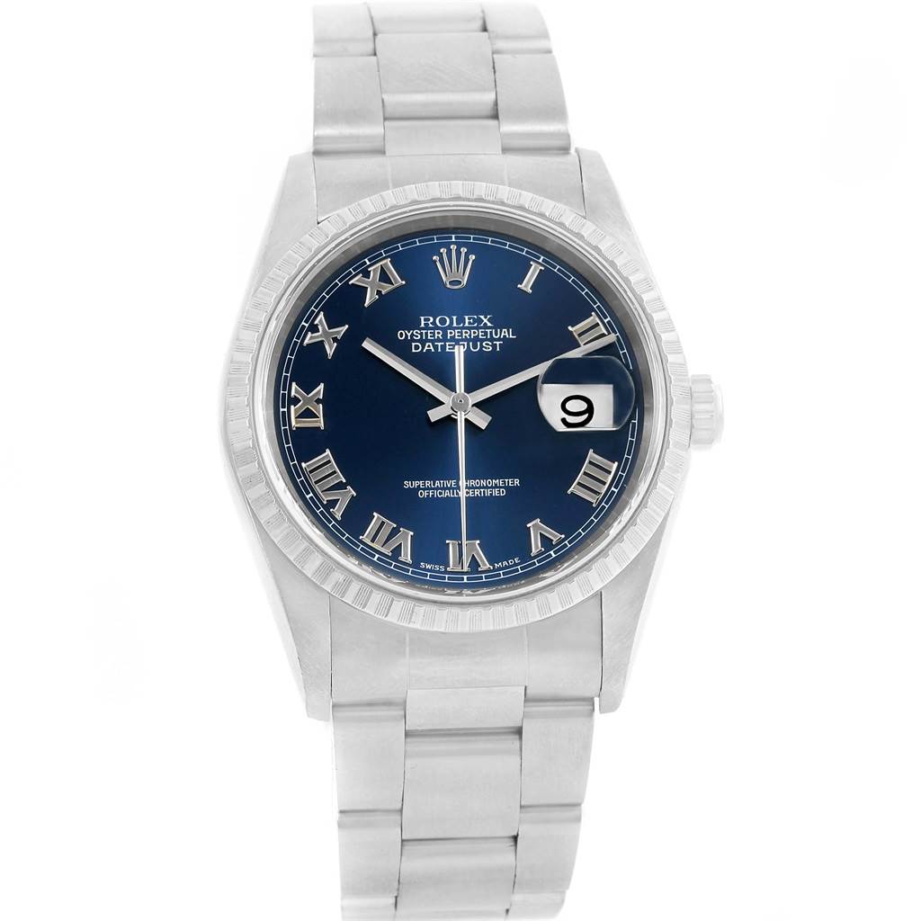 This image shows the front view of a Rolex Datejust 16220 Men's Stainless Steel Blue Dial 16220 Men's Stainless Steel Blue Dial watch, highlighting the dial, bezel, bracelet, and crown.