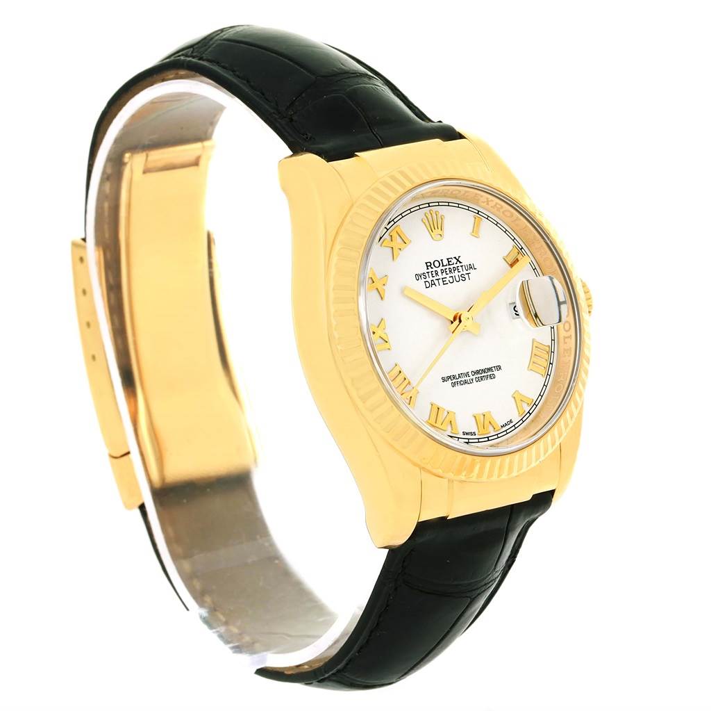 The image shows a side angle of a Rolex Datejust 116138 Men's Yellow Gold White Dial 116138 Men's Yellow Gold White Dial watch, highlighting its gold bezel, white dial, and black leather strap.