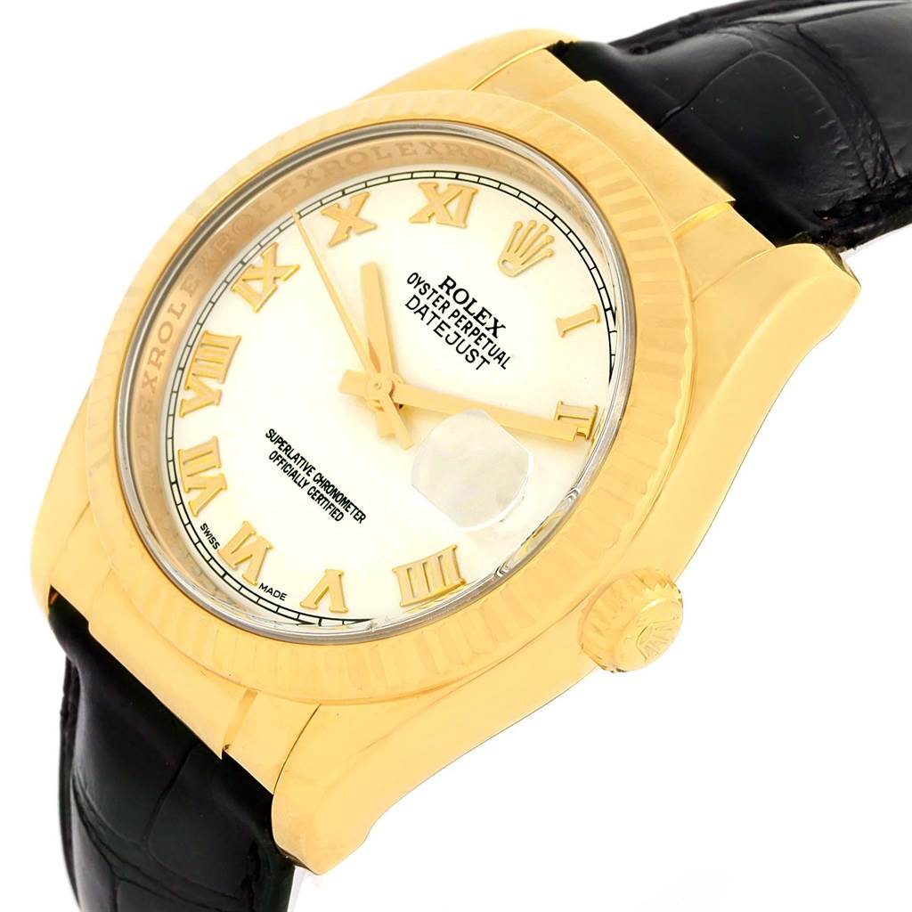 This image shows a Rolex Datejust 116138 Men's Yellow Gold White Dial 116138 Men's Yellow Gold White Dial watch at an angled view, highlighting the dial, bezel, crown, and leather strap.