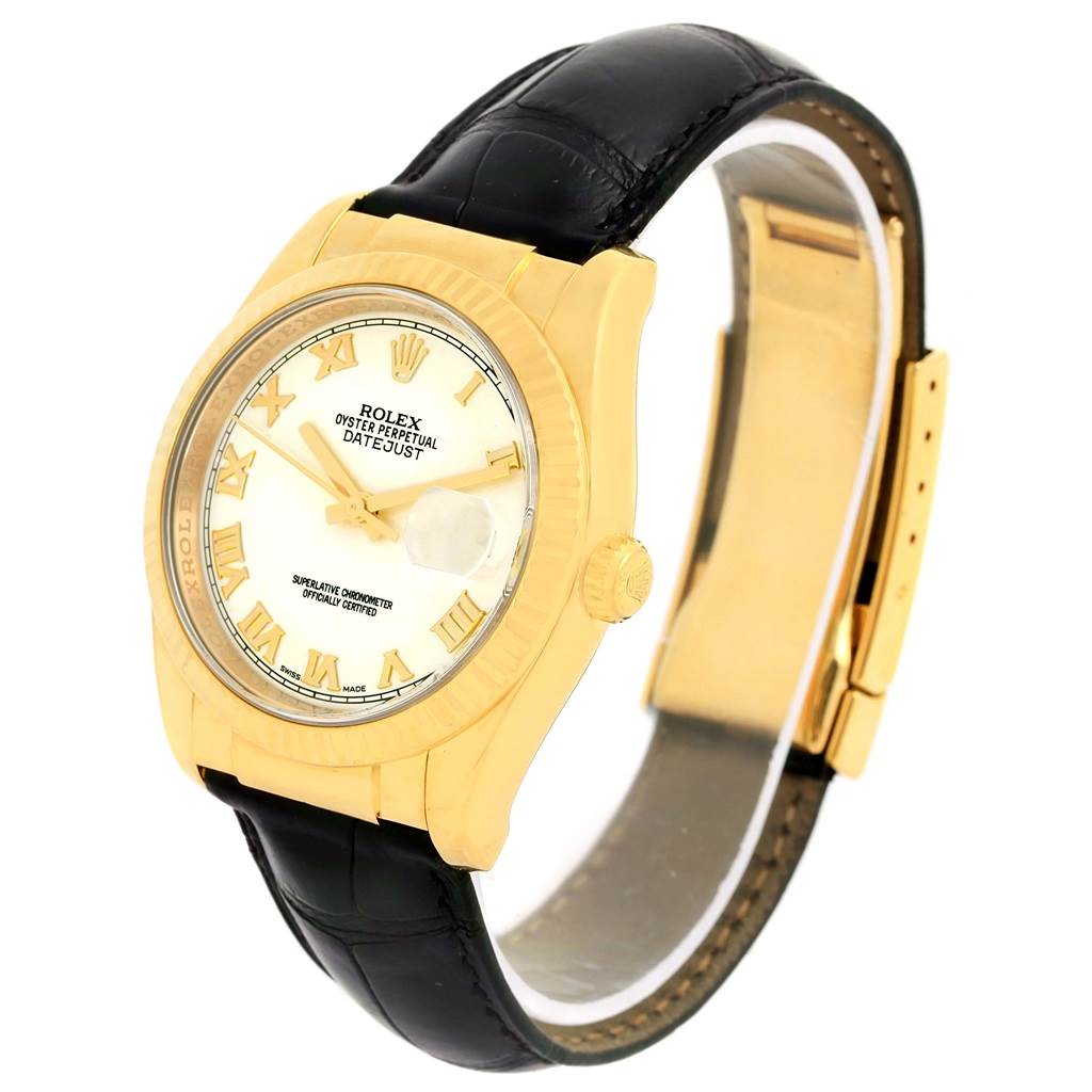 The image shows a Rolex Datejust 116138 Men's Yellow Gold White Dial 116138 Men's Yellow Gold White Dial watch from a three-quarter angle, highlighting the face, bezel, crown, and leather strap.