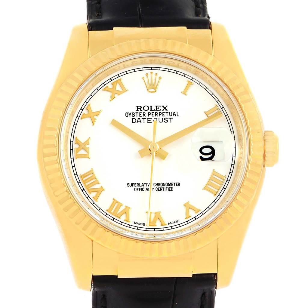 The image shows a front view of a Rolex Datejust 116138 Men's Yellow Gold White Dial 116138 Men's Yellow Gold White Dial watch with a gold bezel, white dial, Roman numerals, and a date complication at 3 o'clock.