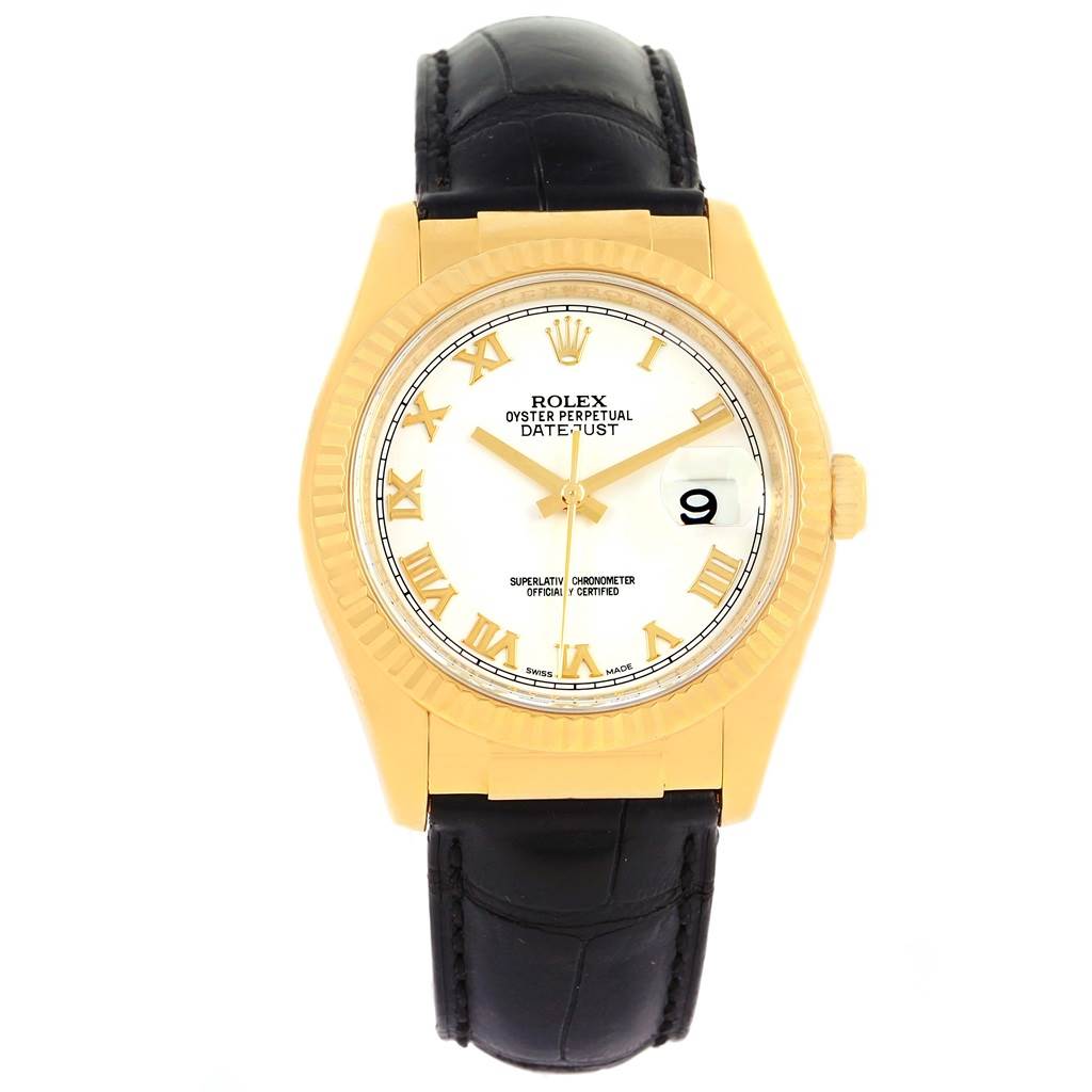 The image shows a front view of a Rolex Datejust 116138 Men's Yellow Gold White Dial 116138 Men's Yellow Gold White Dial watch with a gold case, a white dial, Roman numerals, and a black leather strap.