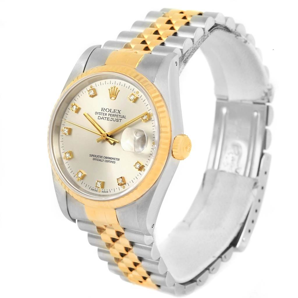The image shows a Rolex Datejust 16233 Men
s Steel and Gold (two tone) Silver Dial 16233 Men
s Steel and Gold (two tone) Silver Dial watch at a slight angle, highlighting the face, bezel, crown, and partial bracelet.